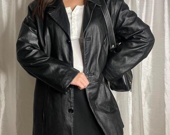 ★本革★ 90s ヴィンテージ シープスキン レザージャケット ハンドメイド90年代風ブラック本革シープスキンレザーブレザー