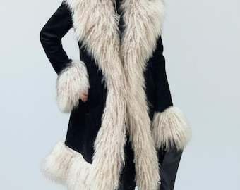 Women's Black Suede Penny Lane Coat, Handmade Vintage Style Afghan Shearling Coat, BOHO Winter Overcoat, Elegant Gift For Her
