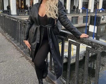 レディース ブラック シープスキンレザー トレンチコート