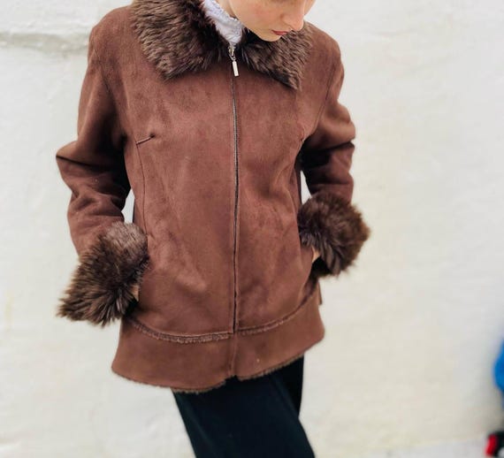 90s Shearling Suede Coat: Vintage Brown Sheepskin Fur Trim - Etsy