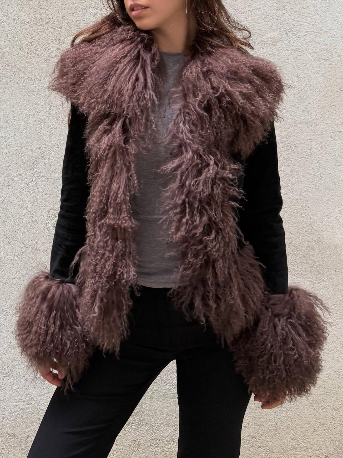 Veste En Cuir Et Fourrure De Lapin - Taille 36/38, Marron Clair, Occasion Très Bon état