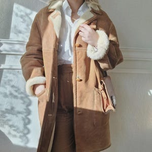 Women's Brown Penny Lane Coat – Premium Shearling Afghan Suede | Handmade Genuine Leather Trench Coat | Vintage Fur Boho Winter Wear