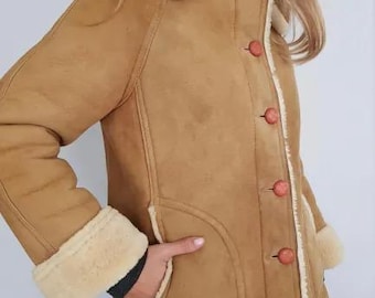 Women's Brown Sheepskin Suede Leather Overcoat, Handmade Vintage Style Shearling Coat, 80s Winter Jacket, Christmas Gift For Her
