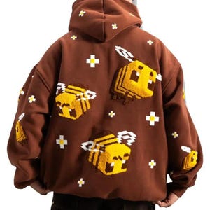 Handgjord brun Pixel Bee-hoodie, unisex överdimensionerad 3D-broderad tröja, streetwear-tröja, mysig grafisk hoodie, present till män och kvinnor vinter!