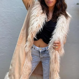 Handmade Beige Suede Penny Lane Coat Womens Vintage 70s Afghan Shearling Fur Trim Boho Hippie Long Winter Jacket Gifts for Her