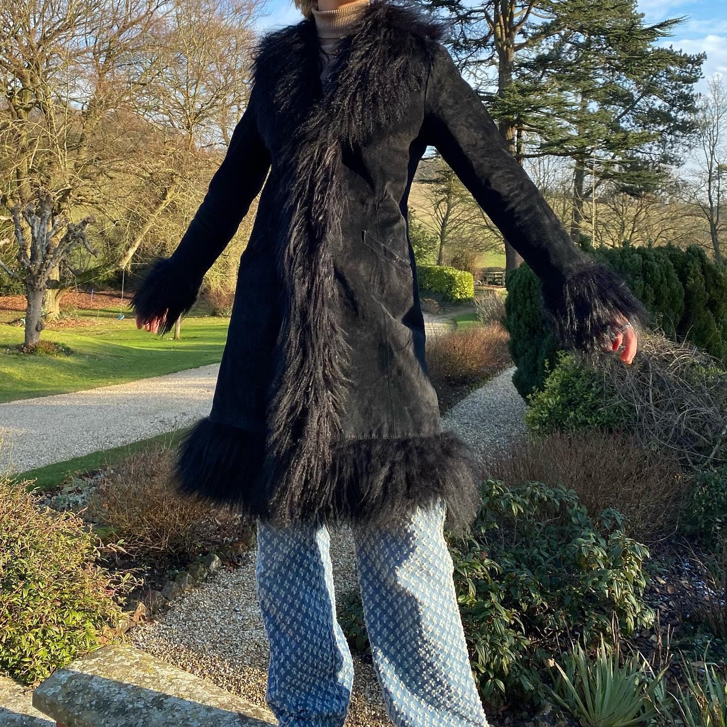 Women’s Black Suede Afghan Coat, Vintage Penny Lane Shearling Coat, 80s Mongolian Fur Trim Long Boho Jacket, Retro Winter Gift for Her