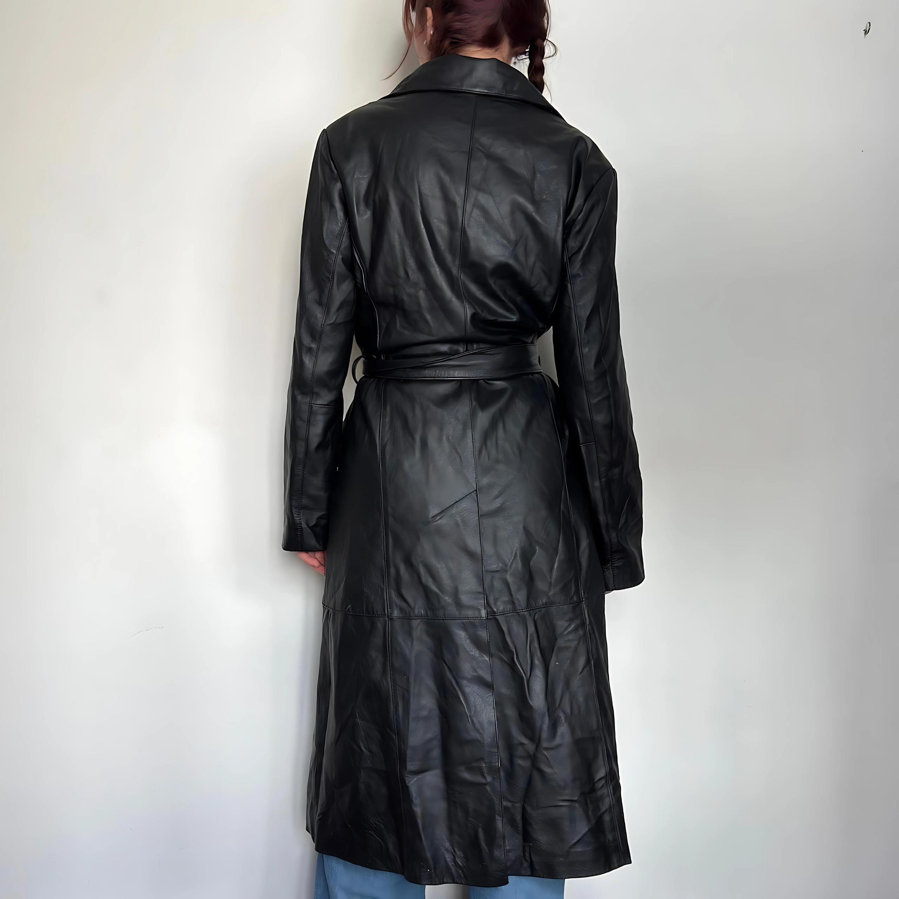 90s Gothic Black Sheepskin Leather Trench Coat: Handmade Long
