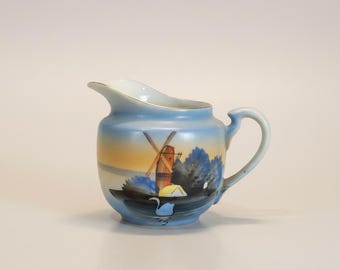 By the Water - Hand Painted Eggshell Porcelain Creamer pitcher ~ JAPAN Dutch Windmill Design