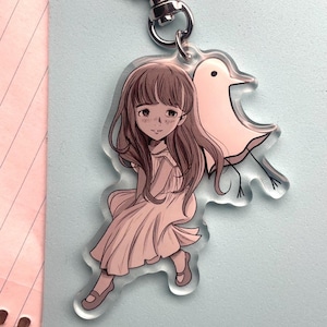Oyasumi Acrylic Keychain: Manga Girl and Bird, Silver Heart Clasp