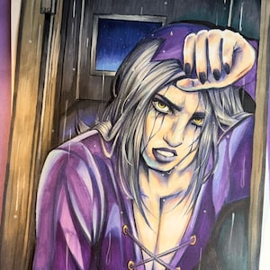 May include: A watercolor painting of a person with silver hair and yellow eyes, wearing a purple hooded top with a laced neckline. The person is leaning against a wooden door frame, with rain and a starry night visible through a window.