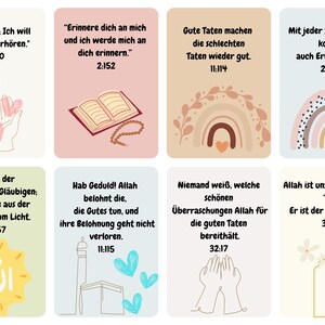 K&ouml;nnte beinhalten: Acht bunte Karten mit islamischen Zitaten und Illustrationen. Die Karten zeigen einen Regenbogen, ein Herz, ein Buch, eine Moschee und eine Hand im Gebet. Die Zitate sind auf Deutsch und Arabisch.
