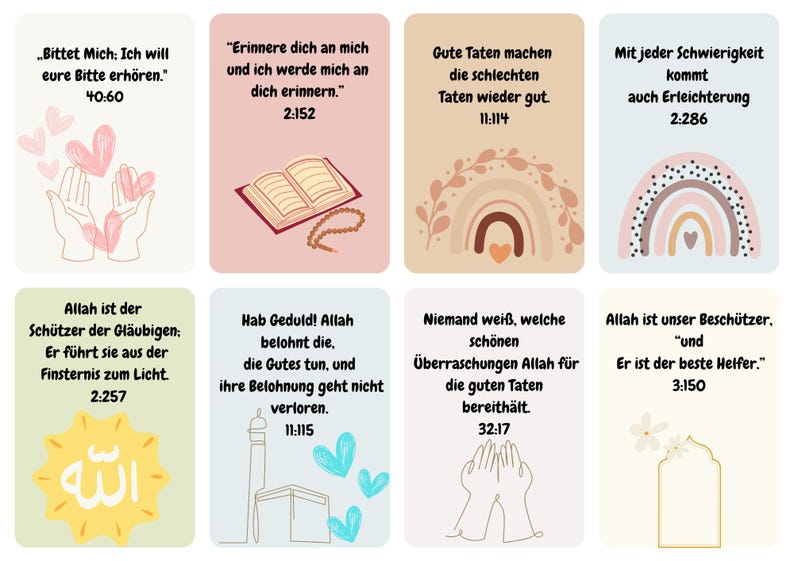 K&ouml;nnte beinhalten: Acht bunte Karten mit islamischen Zitaten und Illustrationen. Die Karten zeigen einen Regenbogen, ein Herz, ein Buch, eine Moschee und eine Hand im Gebet. Die Zitate sind auf Deutsch und Arabisch.