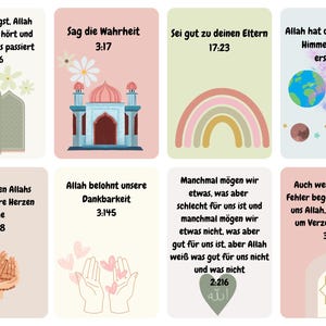 K&ouml;nnte beinhalten: Ein Satz von acht illustrierten Karten mit islamischen Zitaten auf Deutsch. Jede Karte zeigt eine andere Illustration, darunter eine Moschee, einen Regenbogen, ein Herz und eine Hand im Gebet. Die Karten sind auf einem hellrosa Hintergrund mit wei&szlig;em Rand gedruckt.