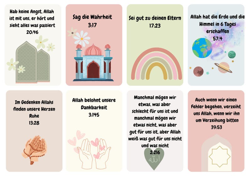 K&ouml;nnte beinhalten: Ein Satz von acht illustrierten Karten mit islamischen Zitaten auf Deutsch. Jede Karte zeigt eine andere Illustration, darunter eine Moschee, einen Regenbogen, ein Herz und eine Hand im Gebet. Die Karten sind auf einem hellrosa Hintergrund mit wei&szlig;em Rand gedruckt.