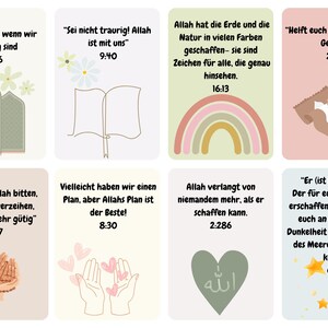 K&ouml;nnte beinhalten: Ein Set aus 10 bunten Karten mit islamischen Zitaten und Illustrationen. Die Karten zeigen verschiedene Designs, darunter einen Regenbogen, ein Buch, ein Herz und ein Paar H&auml;nde. Die Zitate sind in deutscher Sprache und beinhalten Verse aus dem Koran.