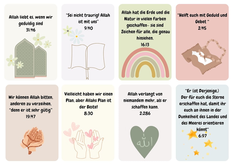 K&ouml;nnte beinhalten: Ein Set aus 10 bunten Karten mit islamischen Zitaten und Illustrationen. Die Karten zeigen verschiedene Designs, darunter einen Regenbogen, ein Buch, ein Herz und ein Paar H&auml;nde. Die Zitate sind in deutscher Sprache und beinhalten Verse aus dem Koran.