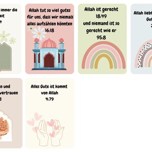 K&ouml;nnte beinhalten: Sechs bunte Karten mit islamischen Zitaten und Illustrationen. Die Zitate sind in Deutsch und beinhalten Verse aus dem Koran. Die Illustrationen beinhalten eine Moschee, H&auml;nde im Gebet und Regenb&ouml;gen.