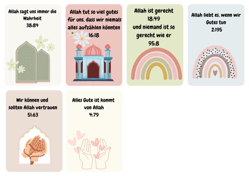 K&ouml;nnte beinhalten: Sechs bunte Karten mit islamischen Zitaten und Illustrationen. Die Zitate sind in Deutsch und beinhalten Verse aus dem Koran. Die Illustrationen beinhalten eine Moschee, H&auml;nde im Gebet und Regenb&ouml;gen.