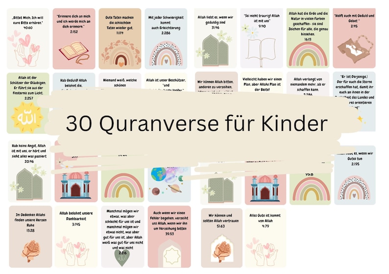 K&ouml;nnte beinhalten: Eine bunte Illustration von 30 Koranversen f&uuml;r Kinder. Jeder Vers wird auf einer Karte mit einem anderen Hintergrunddesign angezeigt, darunter Regenb&ouml;gen, Herzen und Sterne. Die Karten sind in einem Raster angeordnet, mit dem Titel "30 Koranverse f&uuml;r Kinder" oben.