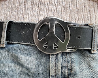 Distressed Peace Sign Metal Belt Buckle / Interchangeable buckle /Handmade buckle / Novelty Buckle