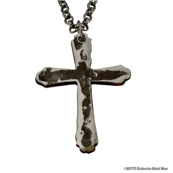 Metal Cross Charm on Greyish-Black Chain. Heavy duty distressed rugged steel cross pendant for men.