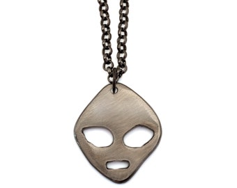 Handmade Steel Alien Necklace: Dark Grey Rolo Chain, Sci-Fi Jewelry