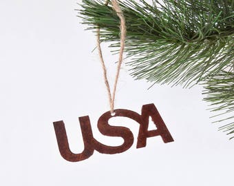 USA Rusty Metal Ornament , United States of America Ornament, Christmas Ornament, USA Yard Art, Holiday Ornament, Housewarming Gift