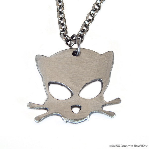 Outlaw Kitty Necklace Cat Charm for Cat Lover, Cat Necklace for Guys, Gift for Her, Gift for Cat Lovers / Dark Grey Rolo Chain