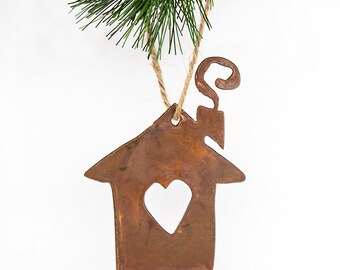 House Heart Rusty Metal Ornament, Christmas Ornament, Gift for New Home, Housewarming Gift