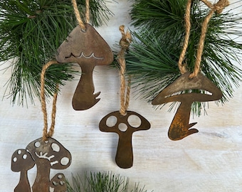 Mushroom Ornament, Rusty Metal Christmas Ornament, Christmas Gift, Southwest Decor, Woodland Garden Decoration