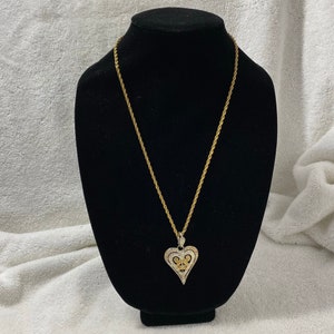 Vintage Necklace-  Sparkle Heart Pendant in Gold and Silver Tones with Rhinestones.  Gold Tone Rope Chian