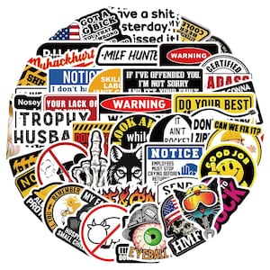 May include: A collection of colourful stickers with various phrases and designs. Some of the stickers include "Got a Grick", "Milf Hunte", "Do Your Best", "Look Away", "Notice", "Can We Fix It?", "Good Job", "Send To", "HMF", and "Do Eyeball".