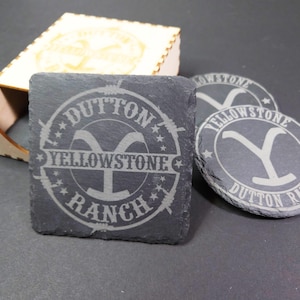 Yellowtone Western Engraved Slate Coasters with Wooden Storage Box - Set of 4 coasters