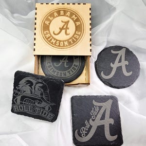 University of Alabama - Set of 4 etched slate coasters with storage box
