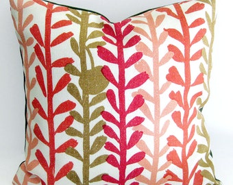 Mid Century Modern Pillow Cover - 1950s Fabric in Red and Olive Leaf Print / 20" x 20"