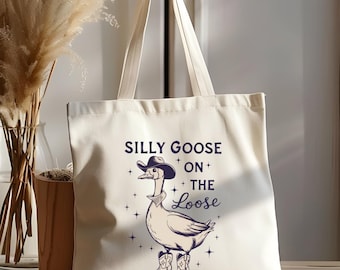 Silly Goose on the Loose Tote Bag – Funny Western Goose in Cowboy Boots Canvas Bag, Quirky Gift for Country Girls or Animal Lovers