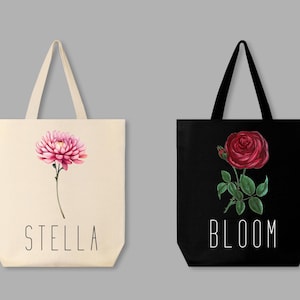 Geburtsmonat Blume Personalisierte Canvas Tragetasche, Bachelorette Brautjungfer Geschenke, Geburtstagsgeschenk für sie, Weihnachtsgeschenk, Geschenk für Mama