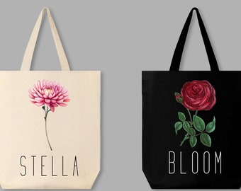 Birth Month Flower Personalized Canvas Tote Bag, Bachelorette Bridesmaid gifts, Birthday Gift for her, Christmas Gift, Gift for Mom