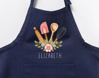 Personalized Baking Apron – Custom Name Apron with Floral Kitchen Utensils, Cute Cooking Gift for Women, Baker Apron, Custom Baking Gift