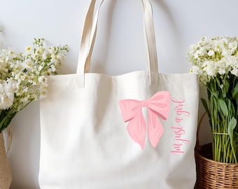 Pink Bow Tote, Just a Girl Bag, Aesthetic Canvas Tote, Girly Gift Idea, Feminine Tote Bag, Coquette Style Bag for Her, Gift for Her