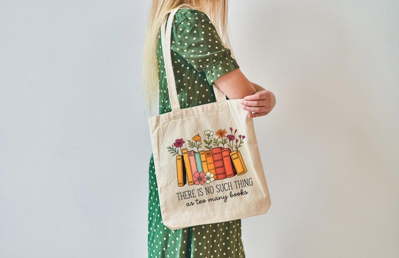 Book Lover Tote Bag, Floral Too Many Books Canvas Bag, Cute Gift for Readers, Teachers, Librarians & Bookworms, Reusable Eco Tote, Teacher image 5