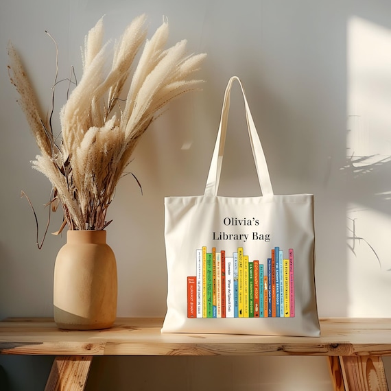Personalized Library Tote Bag, Custom Name Book Bag for Kids, Teachers, Bookworm, Cute Canvas Reading Tote Gift Idea, Gift for Book Lover