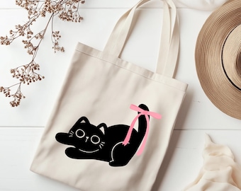 Cute Cat Tote, Black Cat Bag, Cat Lover Gift, Aesthetic Tote, Pink Bow Bag, Reusable Canvas Bag, Kawaii Cat Tote, Everyday Purse