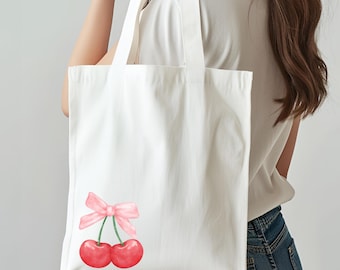 Cherry Bow Tote Bag, Cute Aesthetic Canvas Bag, Girly Fruit Market Bag, Kawaii Pink Bow Purse, Coquette Core Grocery Tote, Gift for Her