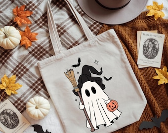 Leuke draagtas Halloween-spook met heksenhoed en pompoen, Trick or Treat-tas, spookachtige herbruikbare draagtas, Halloween-snoeptas voor kinderen, Halloween-draagtas