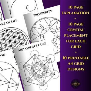 Könnte beinhalten: Druckbare A4-Gitterdesigns mit geometrischen Mustern wie der Blume des Lebens und Metatrons Würfel. Der Text lautet: "10 Seiten Erklärung + 10 Seiten Kristallplatzierung für jedes Gitter + 10 druckbare A4-Gitterdesigns."