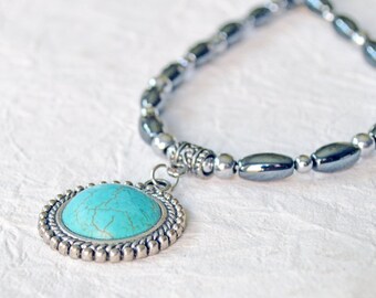 Magnetic Necklace with Magnetic Clasp, Black and Silver Magnetic Necklace, Turquoise Magnesite Pendant Necklace