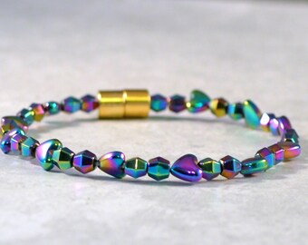 Rainbow Hematite Magnetic Bracelet Ankle Bracelet with Magnetic Clasp, Iridescent Hematite Jewelry, Magnetic Anklet