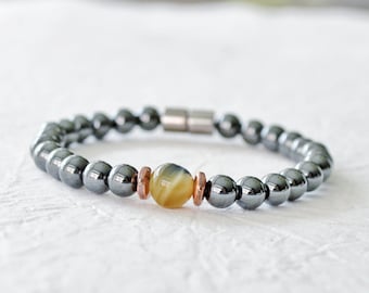 Magnetic Therapy Bracelet with Magnetic Clasp, Black Hematite Jewelry, Magnetic Hematite Bead Jewelry, Tiger's Eye Bracelet