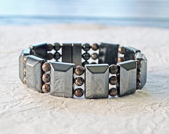 Magnetic Therapy Bracelet for with Magnetic Clasp, Black Hematite Jewelry, Magnet Bracelet for Men, Snowflake Jasper Jewelry